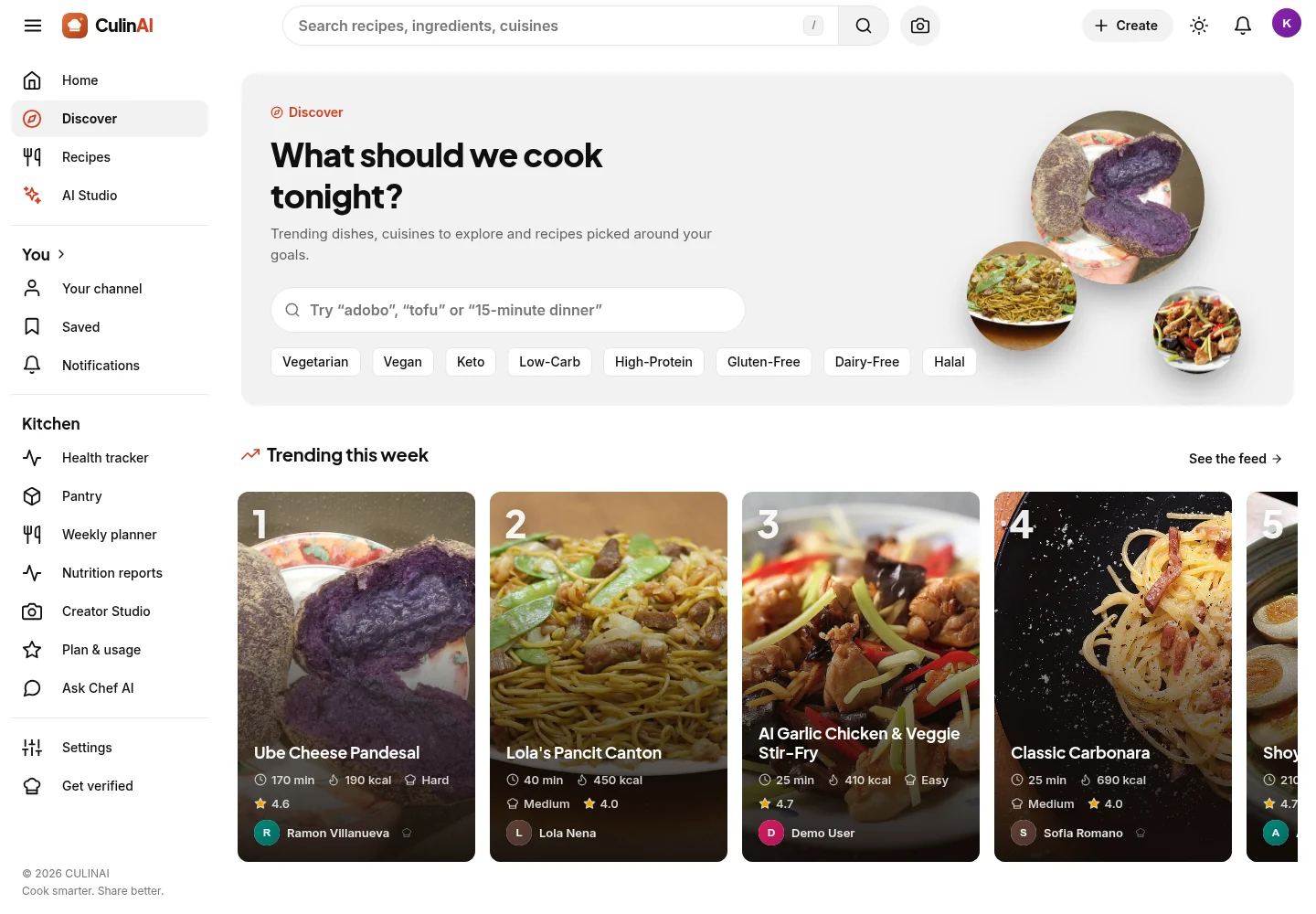 CulinAI Discover desktop page in light mode showing trending recipes and cuisine discovery